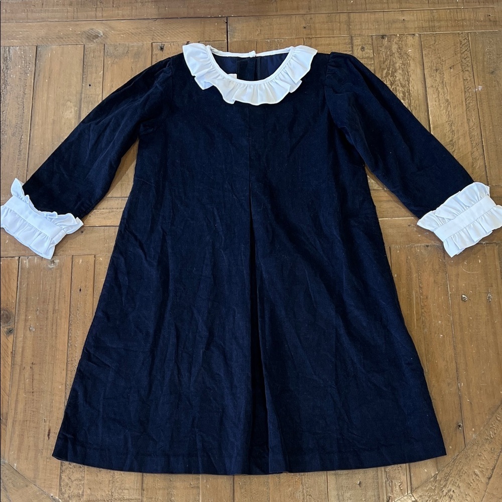 Shrimp and grits navy corduroy white Ruffle collar dress girls 7 button back